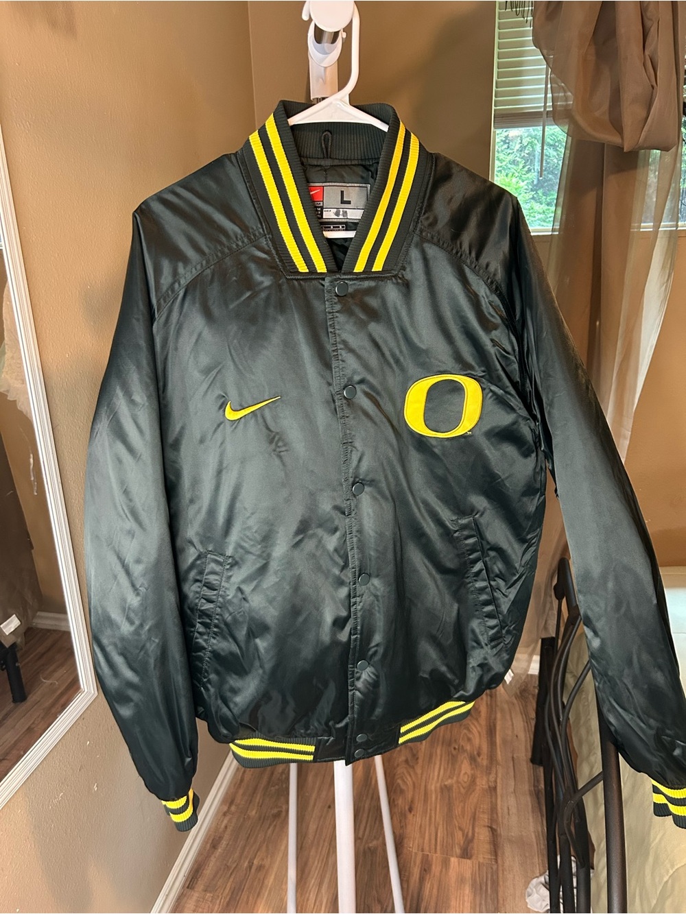 VTG 2002 Oregon Ducks Jacket Mens L Green Satin Bomber Nike Team NCAA